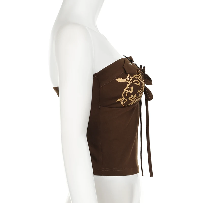 Graphic Print Brown Tube Tops