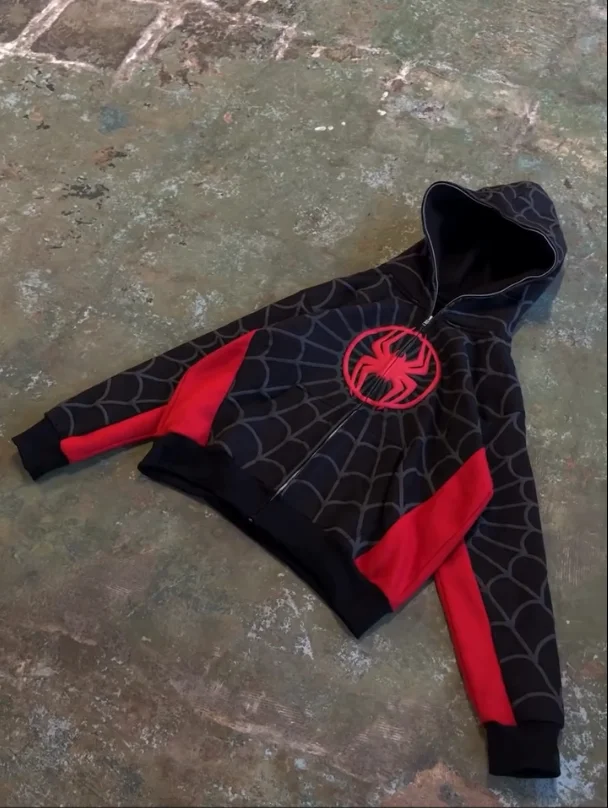Spider Pattern Embroidery Zip Up Hoodie