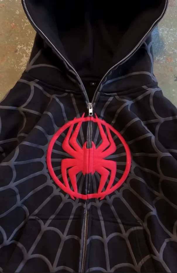 Spider Pattern Embroidery Zip Up Hoodie