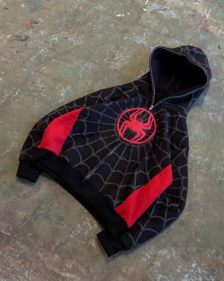 Spider Pattern Embroidery Zip Up Hoodie