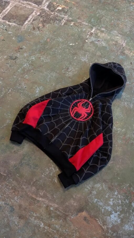 Spider Pattern Embroidery Zip Up Hoodie