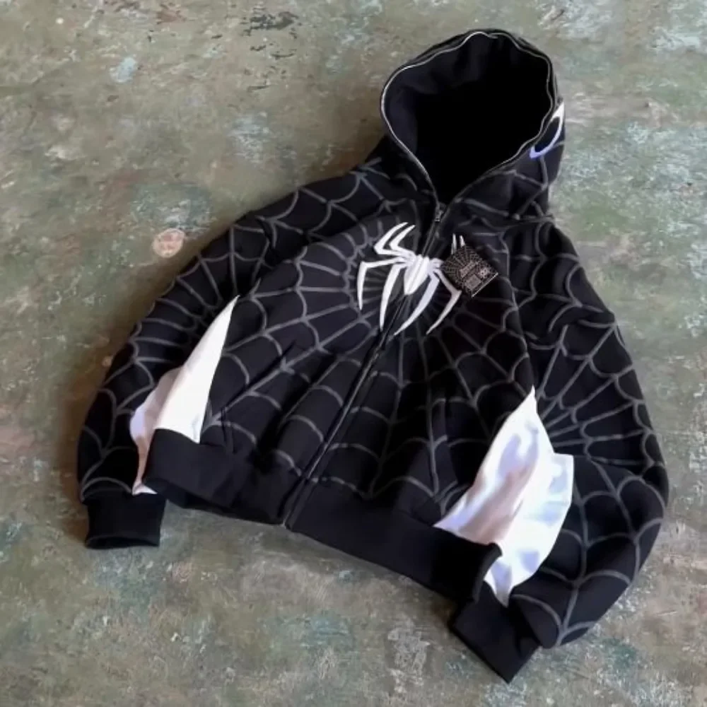 Spider Pattern Embroidery Zip Up Hoodie