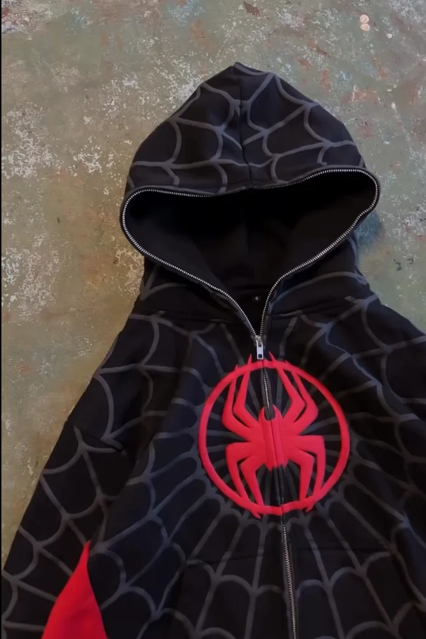 Spider Pattern Embroidery Zip Up Hoodie