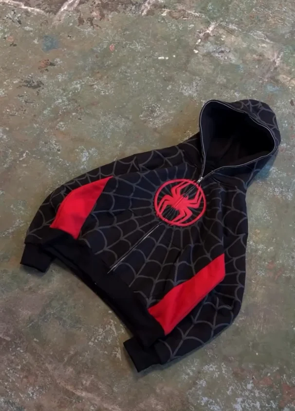Spider Pattern Embroidery Zip Up Hoodie