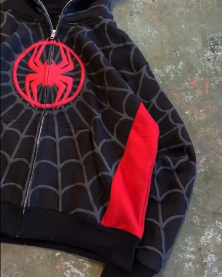 Spider Pattern Embroidery Zip Up Hoodie