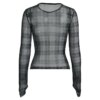 Grunge Plaid Mesh Long Sleeve Top
