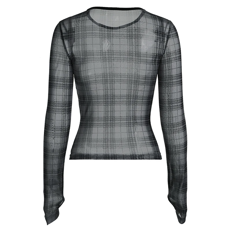 Grunge Plaid Mesh Long Sleeve Top