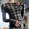Grunge Plaid Mesh Long Sleeve Top