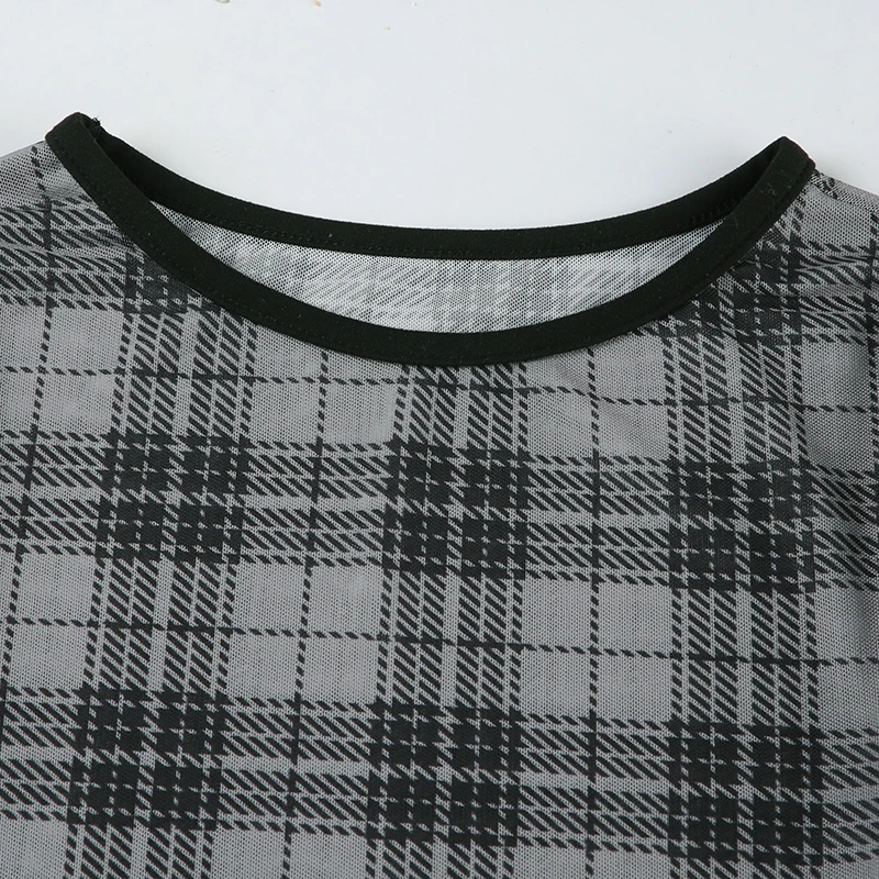 Grunge Plaid Mesh Long Sleeve Top