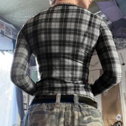 Grunge Plaid Mesh Long Sleeve Top