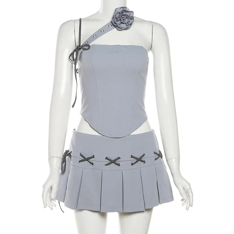 Y2K Asymmetrical Top & Pleated Mini Skirt Co-Ord