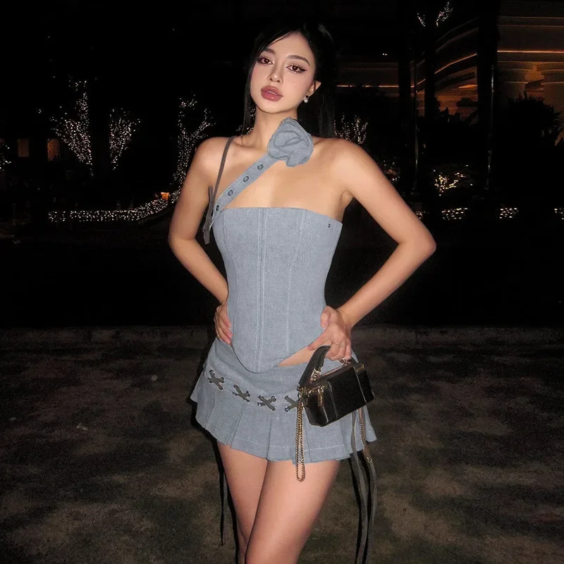 Y2K Asymmetrical Top & Pleated Mini Skirt Co-Ord