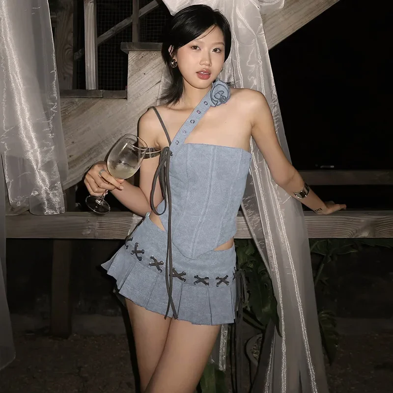 Y2K Asymmetrical Top & Pleated Mini Skirt Co-Ord