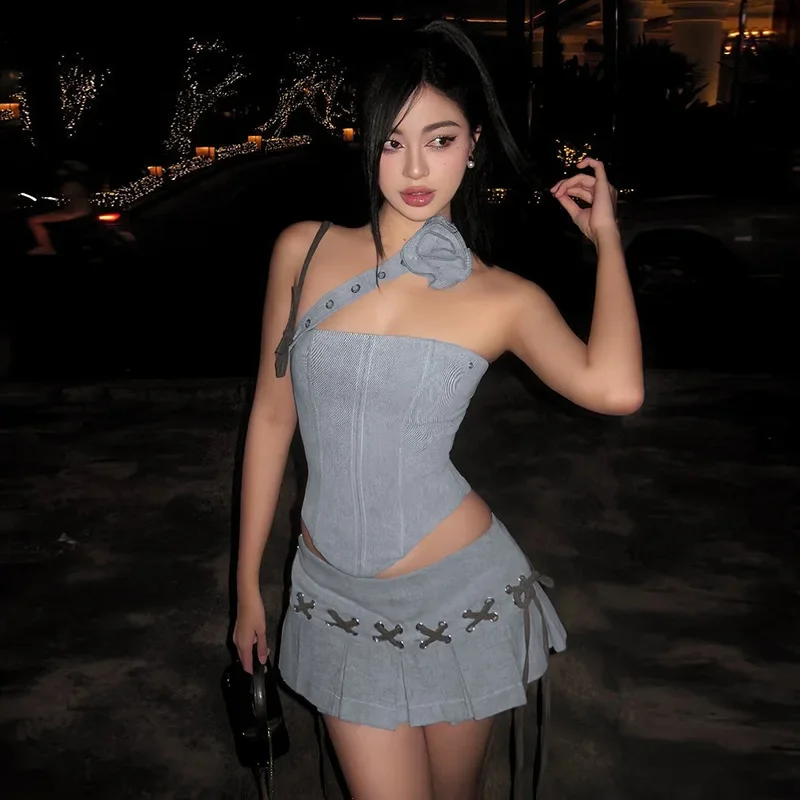 Y2K Asymmetrical Top & Pleated Mini Skirt Co-Ord