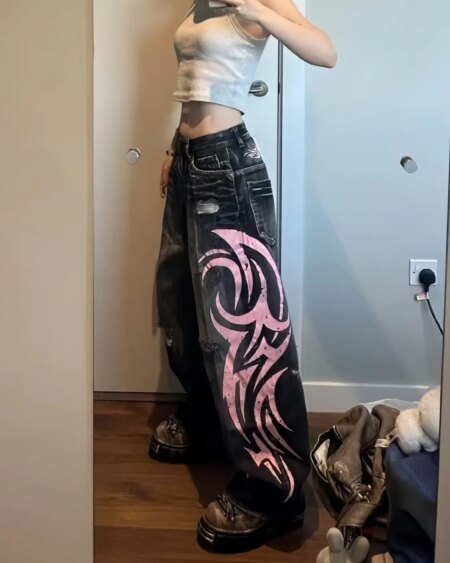 Mottled Totem Print Baggy Jeans