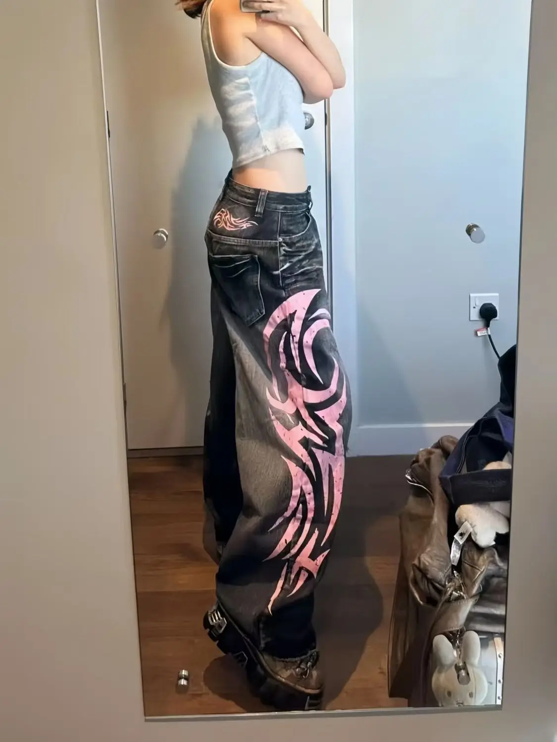 Mottled Totem Print Baggy Jeans