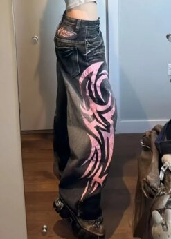 Mottled Totem Print Baggy Jeans