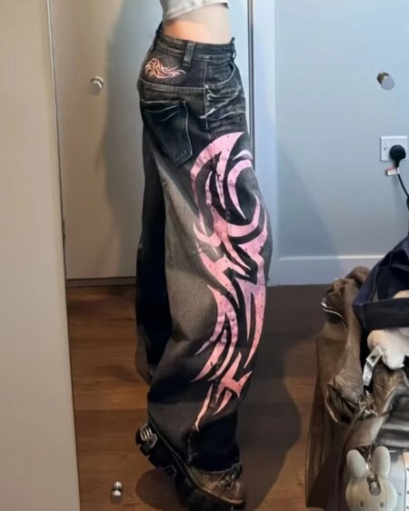 Mottled Totem Print Baggy Jeans