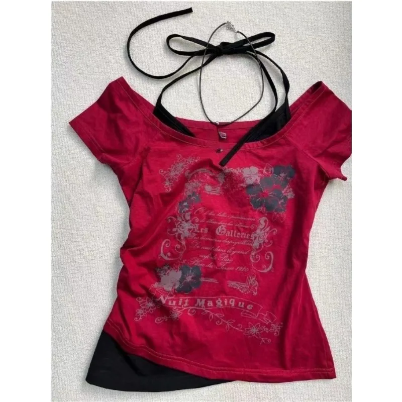 Fake Two Pieces Halter Bandage Vintage T-shirts