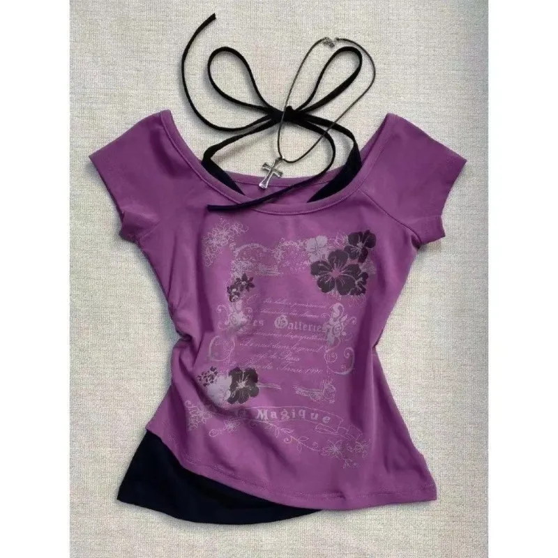 Fake Two Pieces Halter Bandage Vintage T-shirts