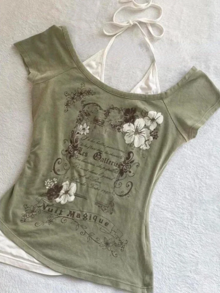 Fake Two Pieces Halter Bandage Vintage T-shirts