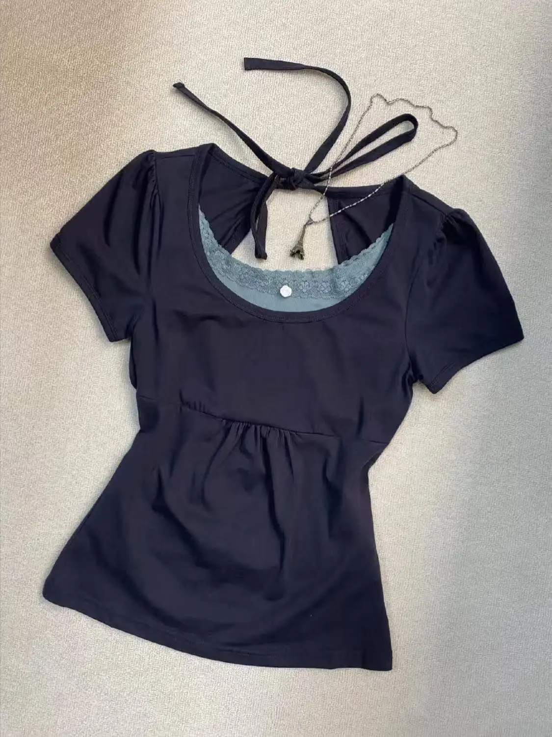 Fake Two Pieces Halter Bandage Vintage T-shirts