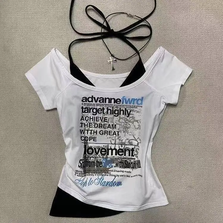 Fake Two Pieces Halter Bandage Vintage T-shirts