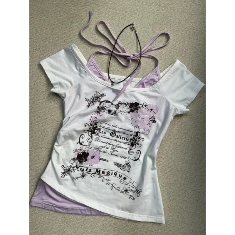 Fake Two Pieces Halter Bandage Vintage T-shirts