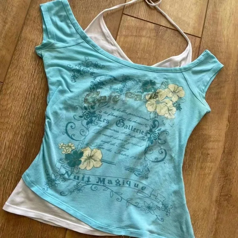 Fake Two Pieces Halter Bandage Vintage T-shirts