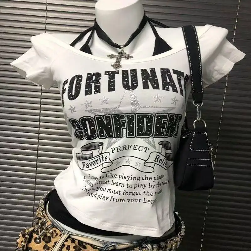 Fake Two Pieces Halter Bandage Vintage T-shirts