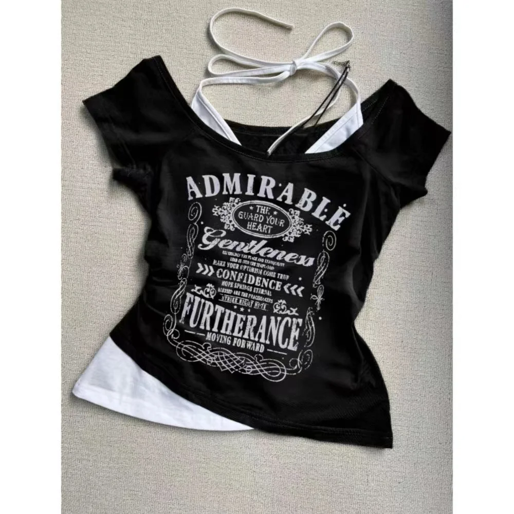 Fake Two Pieces Halter Bandage Vintage T-shirts
