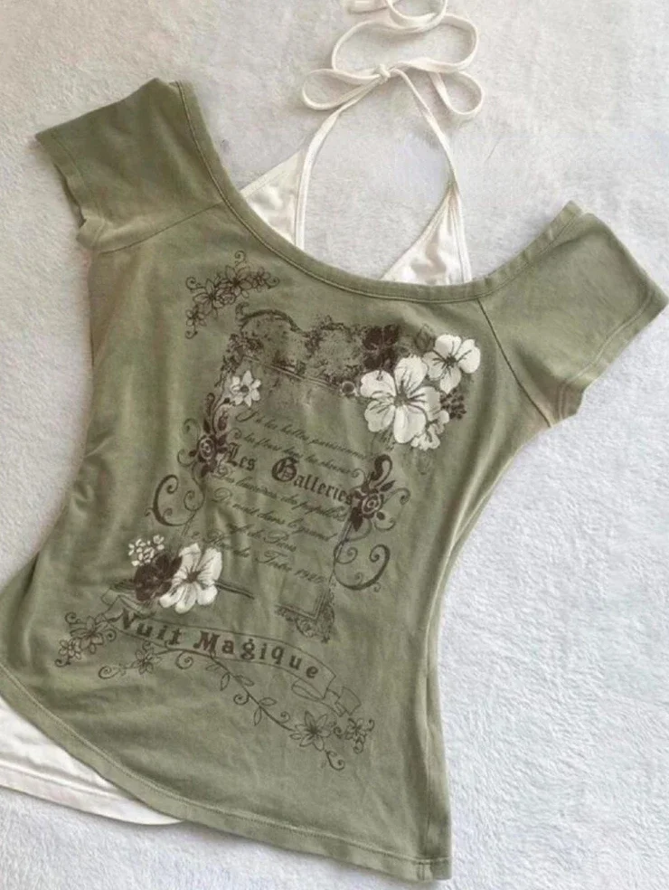 Fake Two Pieces Halter Bandage Vintage T-shirts