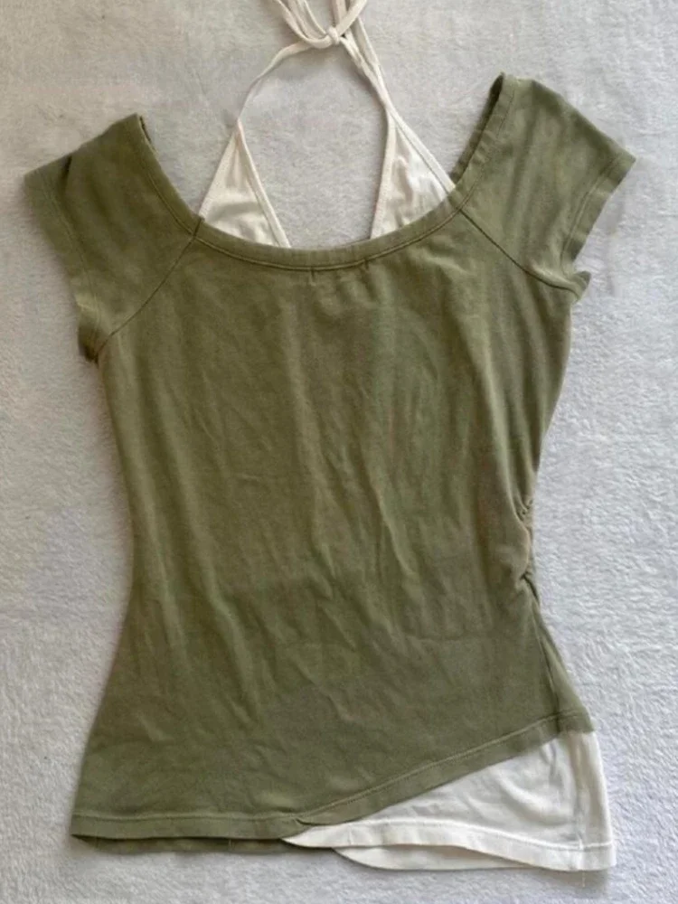 Fake Two Pieces Halter Bandage Vintage T-shirts