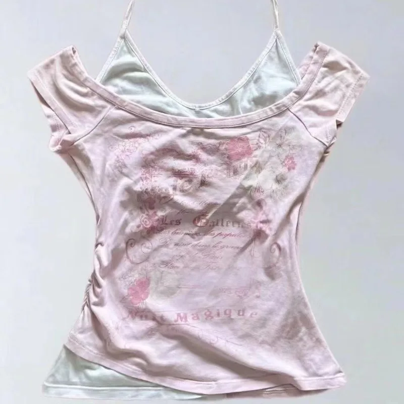 Fake Two Pieces Halter Bandage Vintage T-shirts