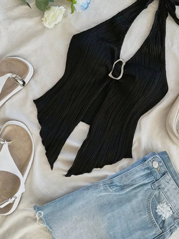 V-neck Halter Neck Crop Top
