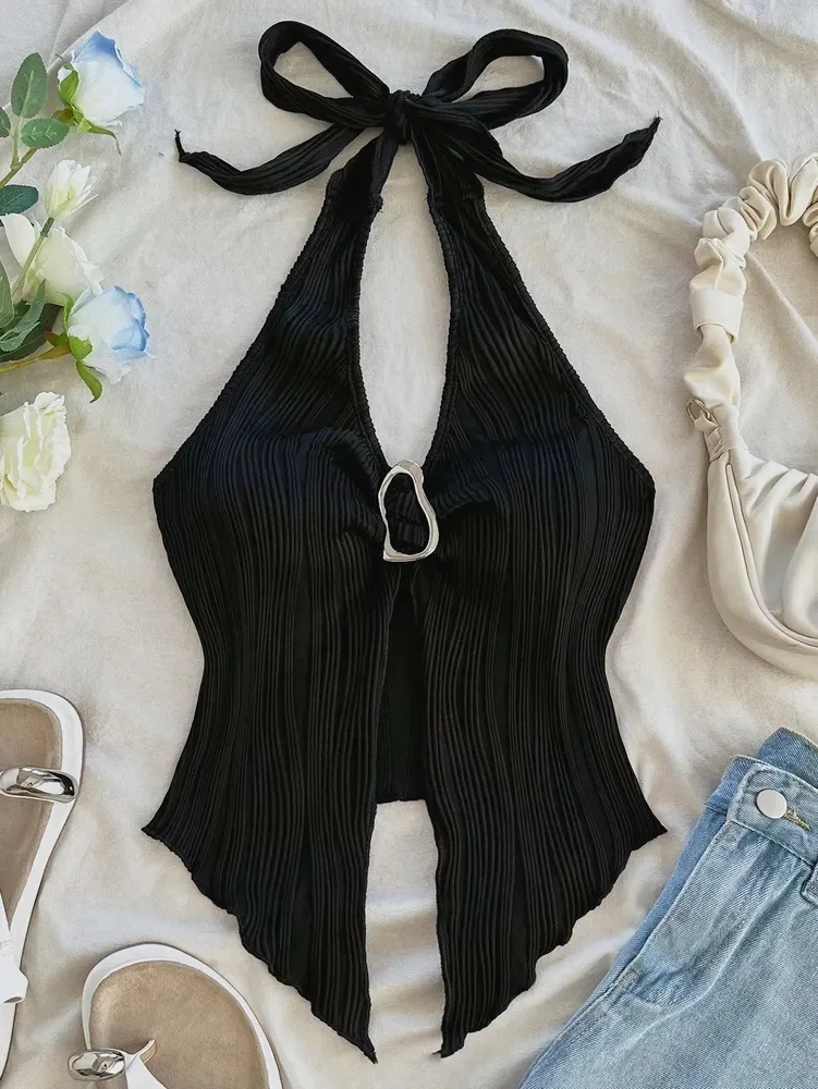 V-neck Halter Neck Crop Top