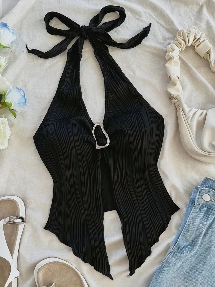 V-neck Halter Neck Crop Top