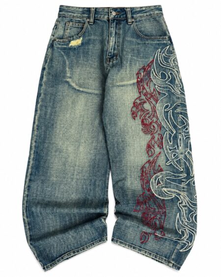 Inferno Tribal Wide-Leg Jeans — Washed Blue