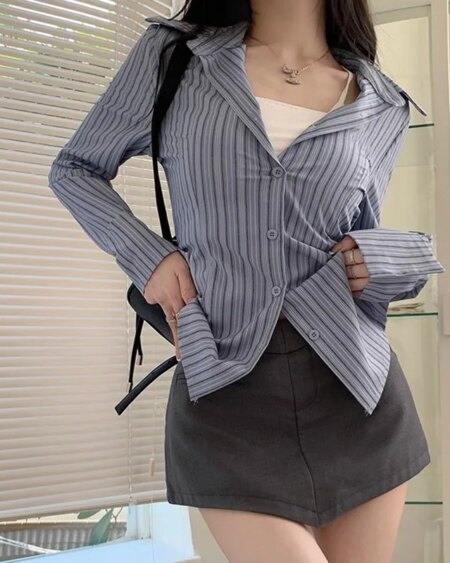 Alternative view of Blue Striped Korean Blouse