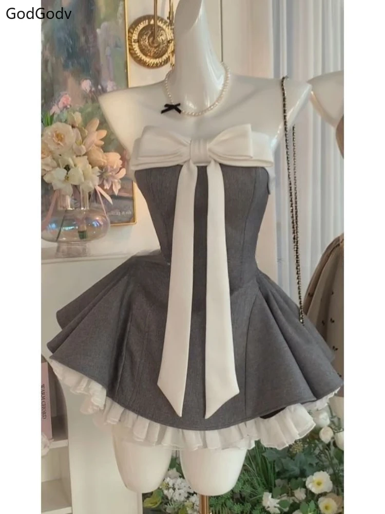 Bow Patchwork strapless Puffy Mini Dress