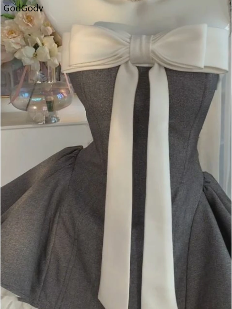 Bow Patchwork strapless Puffy Mini Dress