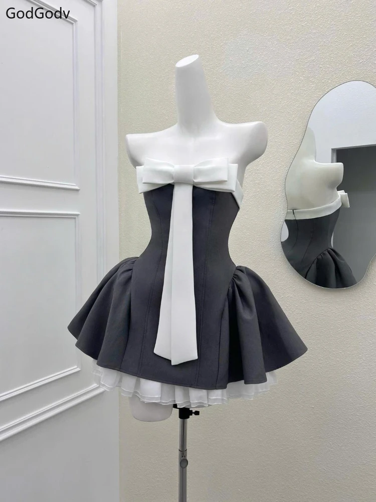 Bow Patchwork strapless Puffy Mini Dress