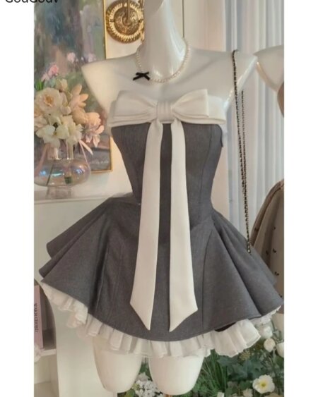 Alternative view of Bow Patchwork strapless Puffy Mini Dress