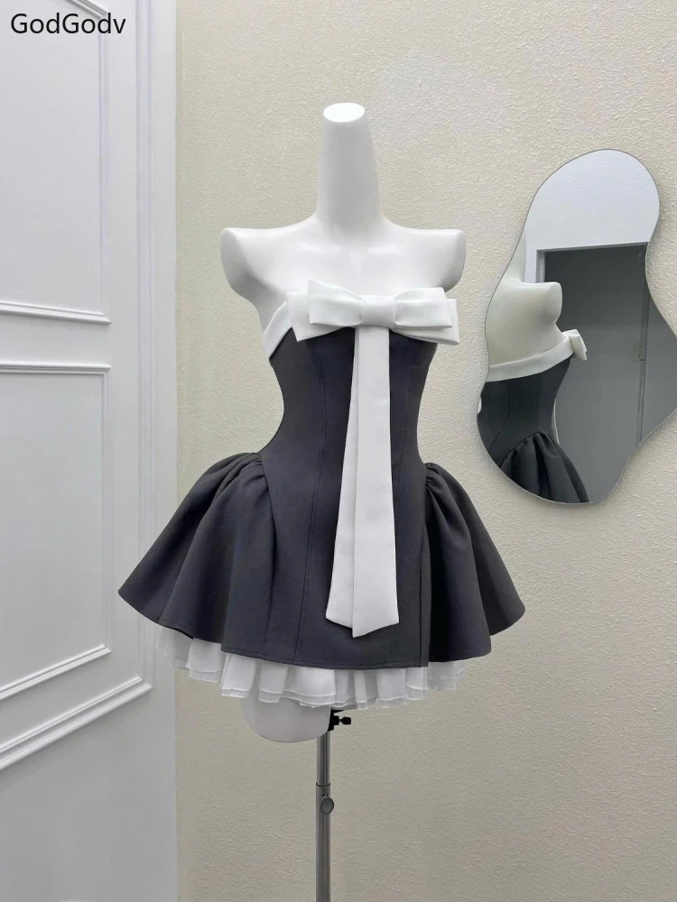 Bow Patchwork strapless Puffy Mini Dress