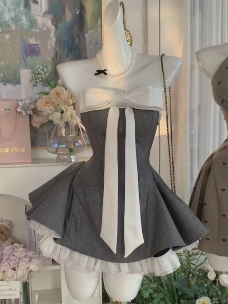 Bow Patchwork strapless Puffy Mini Dress