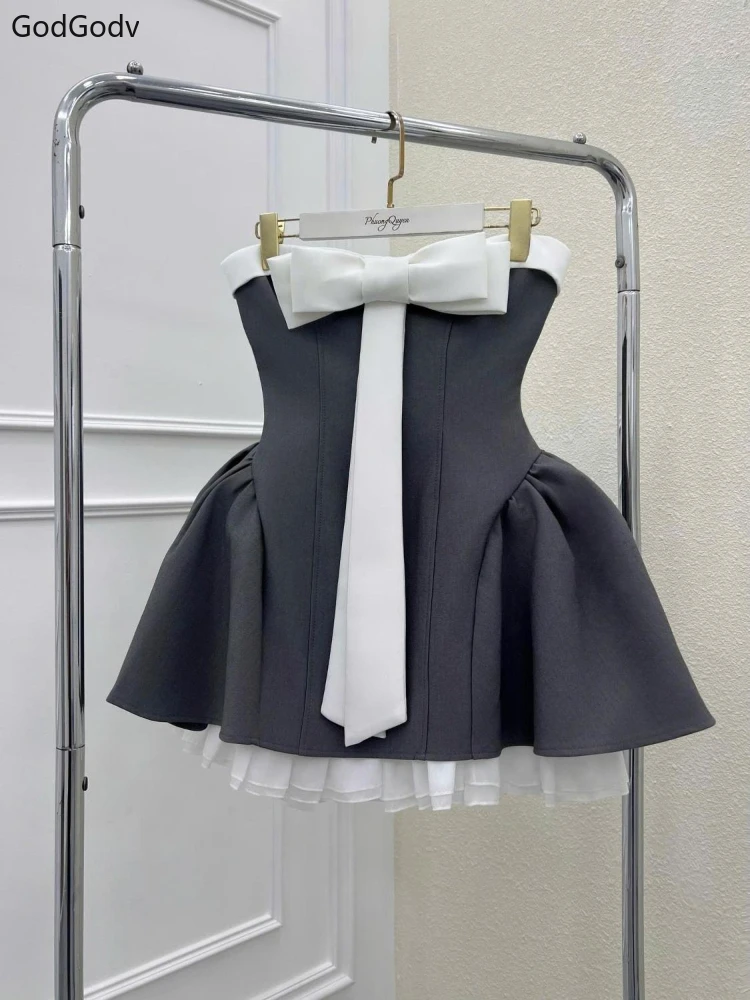 Bow Patchwork strapless Puffy Mini Dress