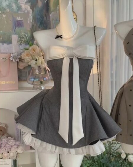 Bow Patchwork strapless Puffy Mini Dress