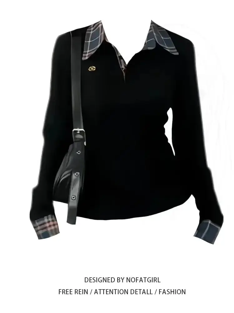 Polo Neck Plaid Patchwork Embroidery T Shirts