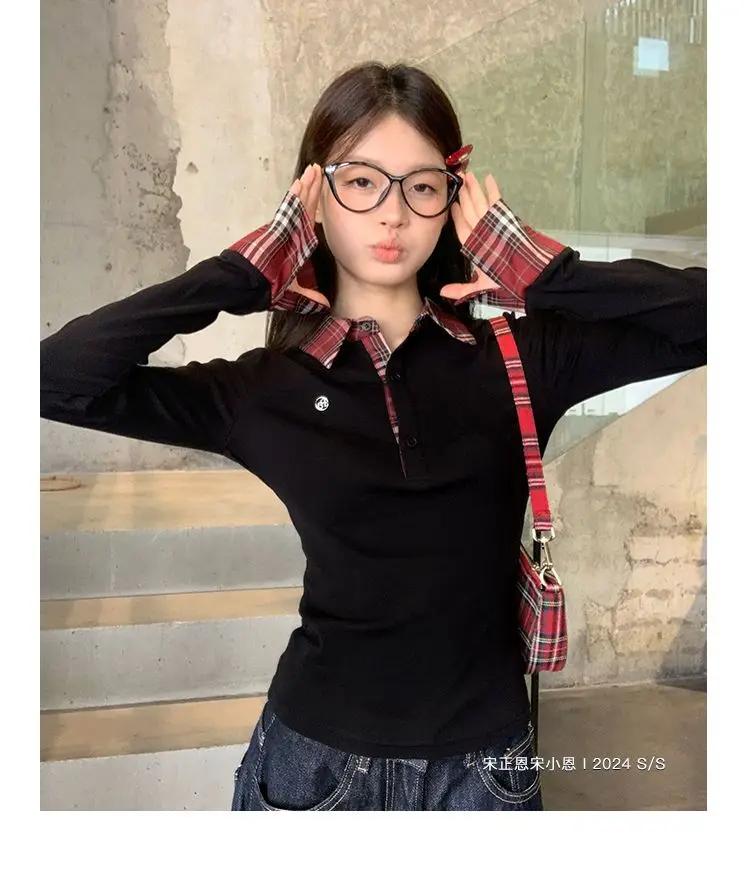 Polo Neck Plaid Patchwork Embroidery T Shirts
