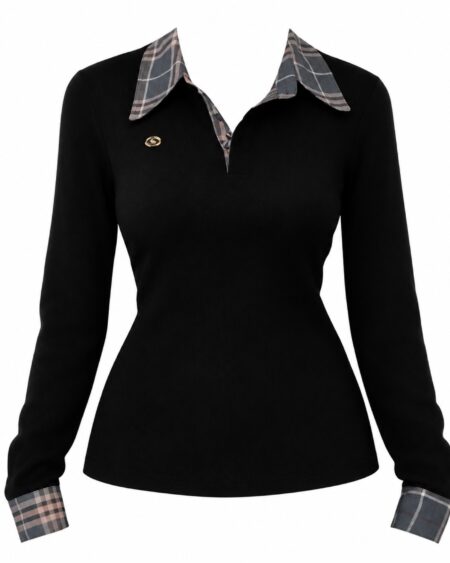 Ivy Plaid Collar Top — Black
